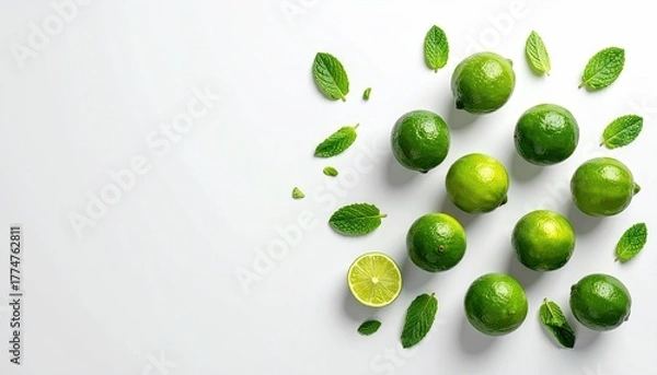 Obraz Vibrant green limes with fresh mint leaves scattered on a clean white studio backdrop with soft natural lighting highlighting their textured skin and water droplets