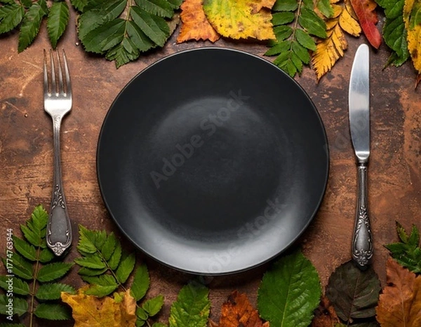 Obraz Autumn table setting with black plate, fork, and knife surrounded by colorful leaves.