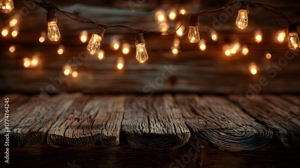 Fototapeta Rustic Wood Background with Warm String Lights, Ideal for Festive Holiday or Event Invitations