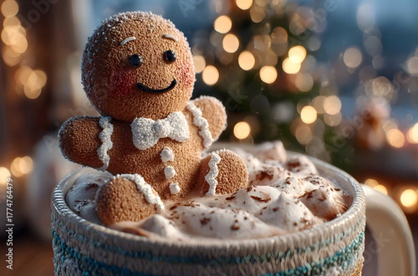 Fototapeta A gingerbread man in hot chocolate, sitting on the edge of an oversized mug with coffee inside