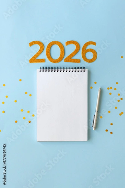 Obraz New Year 2026 planning concept with notebook and golden numbers for your goals, plans, resolutions. Flat lay style. Christmas planning concept with space for text