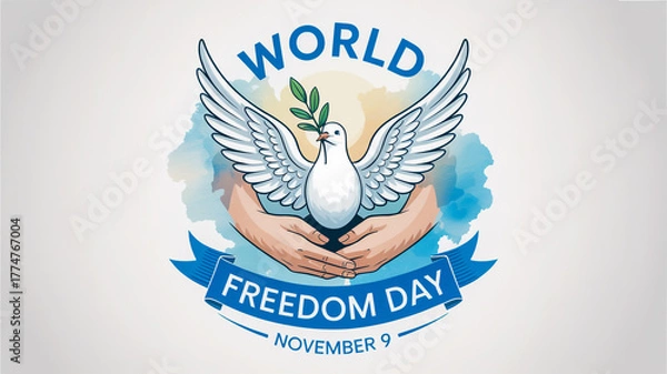 Fototapeta Dove with olive branch in hands for world freedom day, november 9th celebration