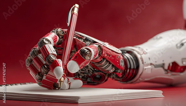 Fototapeta Robot hand holds pen over blank notebook on red background. Automation creates ideas and writes text for future projects. Tech, innovation and concept.