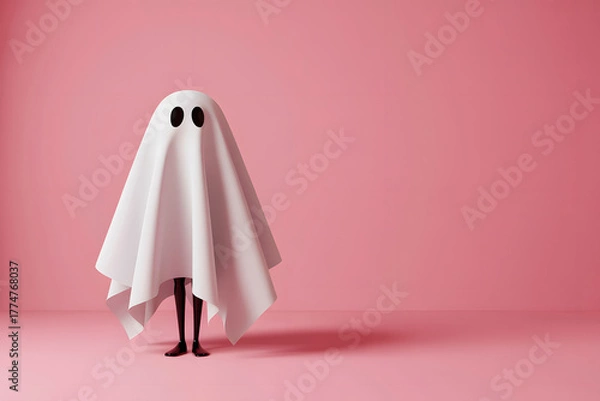 Fototapeta Playful ghost costume with black eyes on pink background