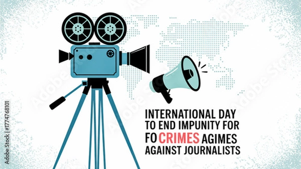 Fototapeta Film camera and megaphone represent reporting and the fight against impunity