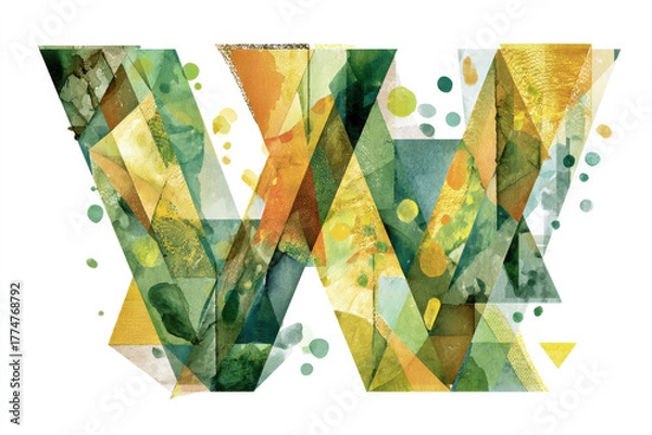 Fototapeta Abstract watercolor letter W with geometric polygon shapes and green yellow palette, artistic hand painted design, modern creative typography, vibrant trendy composition, isolated on white background
