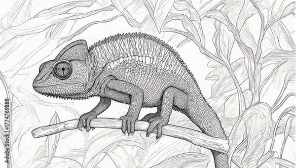 Fototapeta Detailed monochrome illustration of a chameleon perched on a branch in its natural habitat.