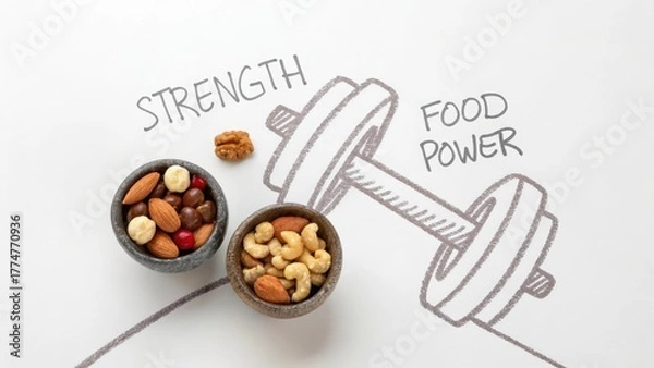 Fototapeta Strength Food Power Concept with Nuts and Barbell Illustration