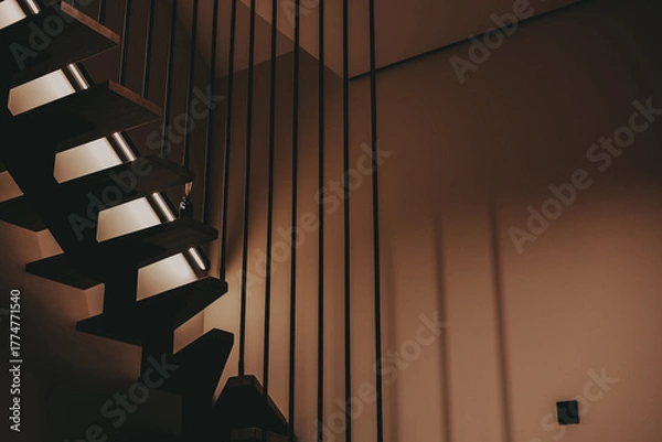 Fototapeta Modern staircase with wooden steps and metal railings in a contemporary home. The architectural design of the staircase creates a visually appealing and functional element within the interior space.