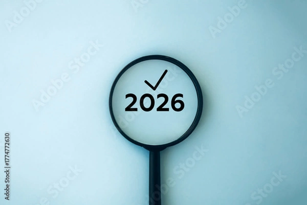 Obraz 2026 under magnifying glass with check mark. Minimal composition symbolizing focus, planning, new year goals, and business strategy for the upcoming year.