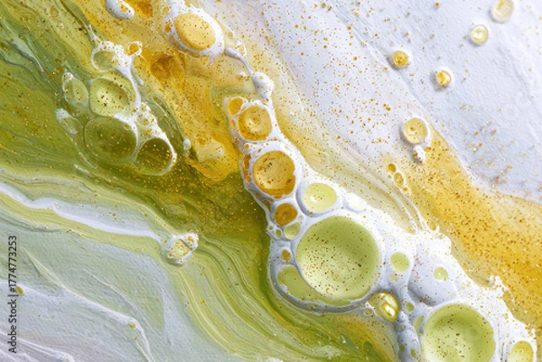 Fototapeta Abstract macro liquid art with green and yellow oil bubbles, white paint texture and golden glitter, artistic fluid background, modern minimalist pattern, organic trendy design, vibrant colors


