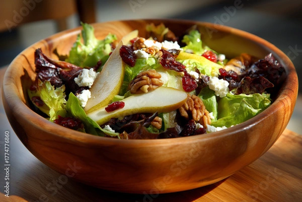 Fototapeta Autumn salad in a wooden bowl: mixed greens, sliced pears, cranberries, toasted pecans, goat cheese crumbles, bright window light