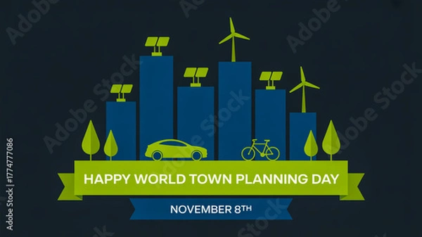 Obraz Happy world town planning day illustration with renewable energy sources
