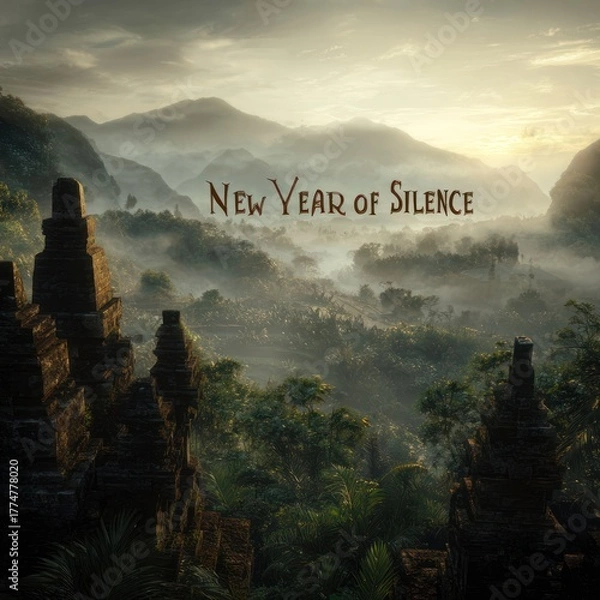 Fototapeta Dramatic landscape of mountain range and forest shrouded in mist during daytime