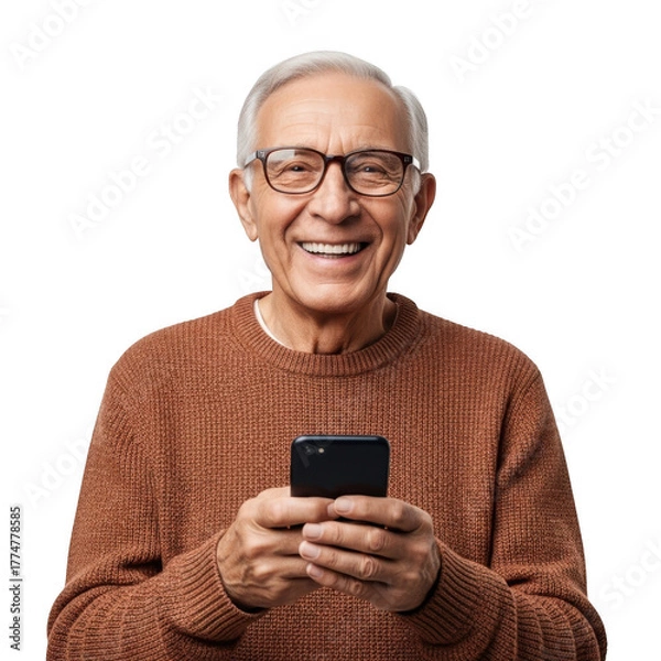 Fototapeta Smiling elderly man with glasses wearing a textured sweater holding a smartphone isolated on transparent background