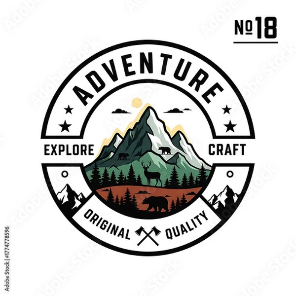 Obraz Adventure Emblem Mountain Peak Forest Wildlife and Crossed Axes in Circular Design.