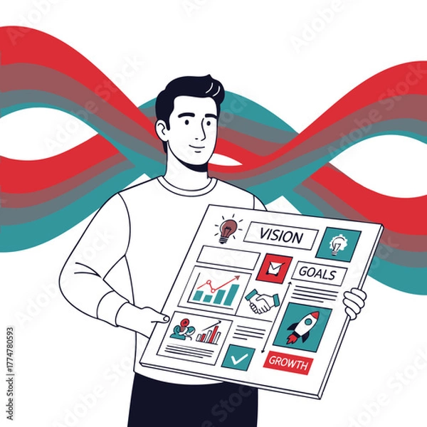 Fototapeta Smiling male professional presenting a comprehensive business strategy board detailing vision, goals, growth plans, and data analysis for successful organizational development and future achievements