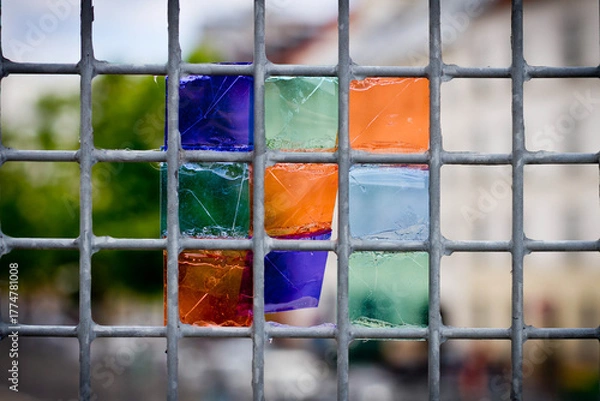 Obraz Feuilles de vitrail colorées sur une grille