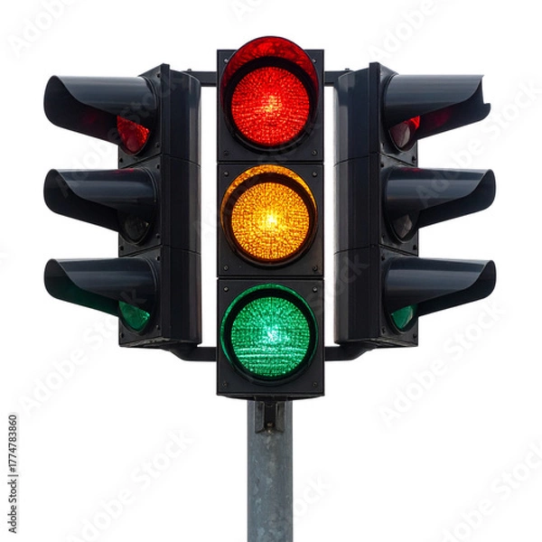 Fototapeta PNG of a trio of vertical traffic lights showing red, yellow, and green signals. Ideal for traffic control, road safety projects, urban planning, and transportation design with transparent background