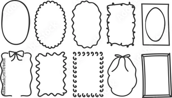Fototapeta Set of outline scallop frame border in doodle style. Retro frame with wavy border. Brush hand drawn oval and rectangle