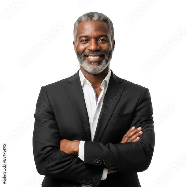 Fototapeta Smiling mature african american man in a black suit and white shirt with arms crossed isolated on transparent background