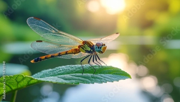 Fototapeta A detailed macro shot of a dragonfly resting on a green leaf near a pond under warm natural light
