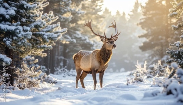 Fototapeta A majestic deer with large antlers walking through a frosty pine forest covered in snow