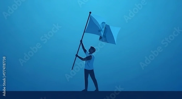 Fototapeta Flat minimalist illustration of man raising awareness flag in blue tones, Movember