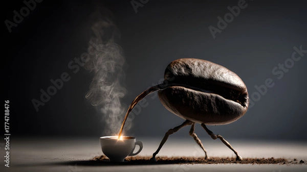 Obraz Surreal Giant Coffee Bean Character Pouring Hot Steaming Espresso into a Cup
