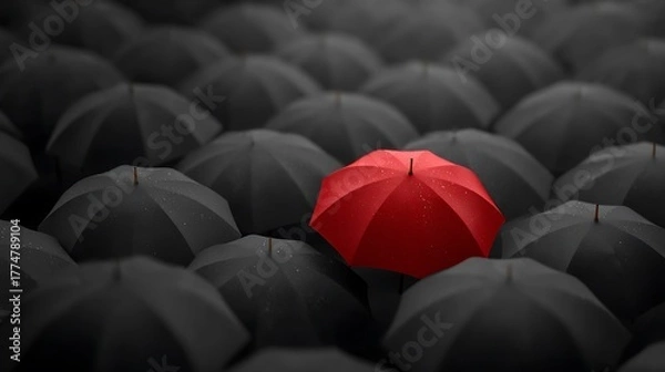 Obraz Red Umbrella Amidst Many Black Umbrellas Stand Out in a Crowd of Gray