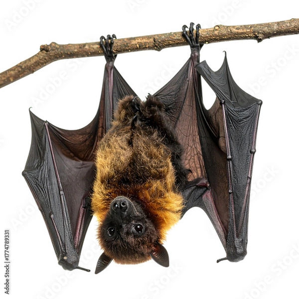 Fototapeta PNG of vampire bat hanging upside down from a branch, showcasing nocturnal wildlife. Ideal for spooky, gothic, and nature-themed projects with transparent background for versatile use