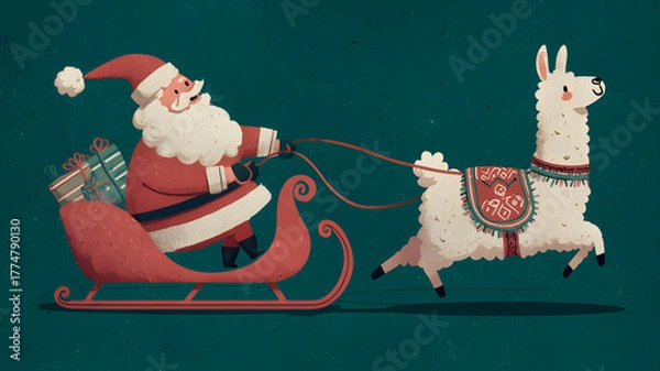 Obraz Funny Santa Claus with Llama Pulling Sleigh, Whimsical Christmas Holiday Vector Illustration
