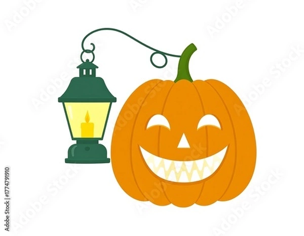 Fototapeta A happy carved pumpkin with a lit lantern. Decorative, bright, and cheerful Halloween themed art