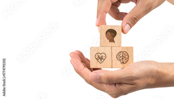 Fototapeta Hands arranging wooden blocks with health icons against black background