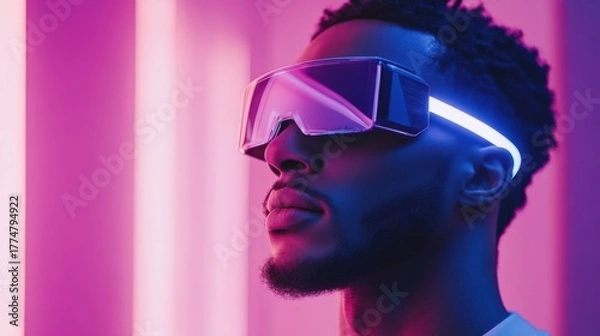 Obraz AI stylist fitting futuristic man with vapor wave sunglasses