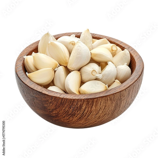 Obraz A Wooden Bowl Filled with Fresh Garlic Cloves Isolated transparent on white background