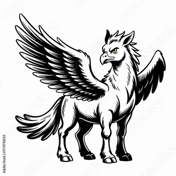 Fototapeta Majestic Griffin Illustration | Vintage Woodcut Style Art | Fierce Black and White Griffin | Bold Linocut-Inspired Design

