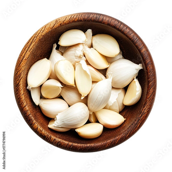 Obraz A Wooden Bowl Filled with Fresh Garlic Cloves Isolated transparent on white background