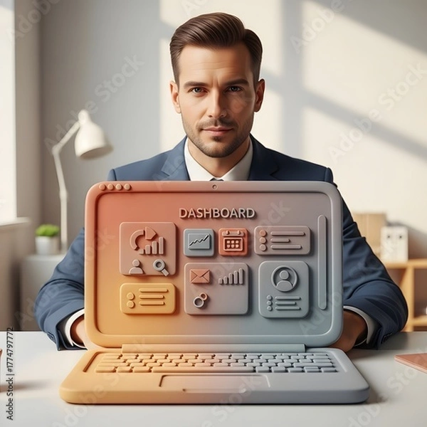 Obraz Executive Holding Laptop Displaying Dashboard for Data Analysis, Business Analytics, and Reporting