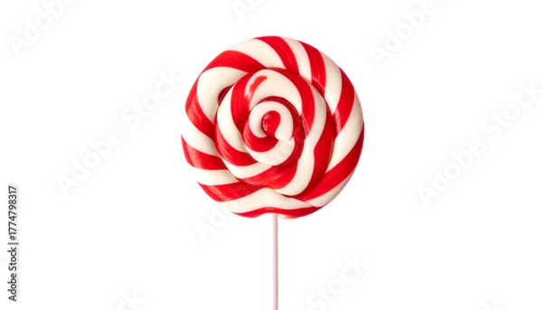 Fototapeta A large, round, swirled lollipop with red and white stripes on a pink stick, set on black