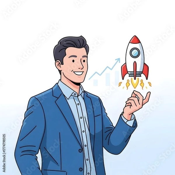 Obraz Successful Businessman Launching Rocket with Growth Chart in Background, Illustrating Business Startup and Innovation