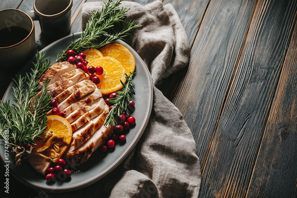 Fototapeta Rustic wooden table with a platter of sliced turkey, rosemary sprigs, orange segments, and cranberries, matte ceramics, bright even light, clean composition