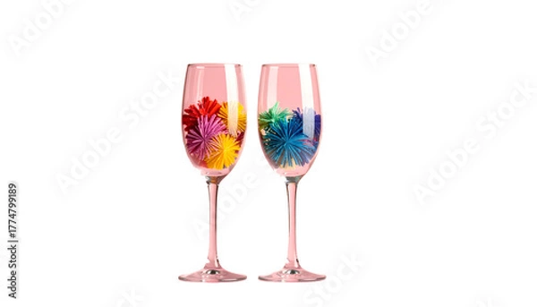 Fototapeta Two champagne flutes filled with colorful, abstract flower-like shapes against black