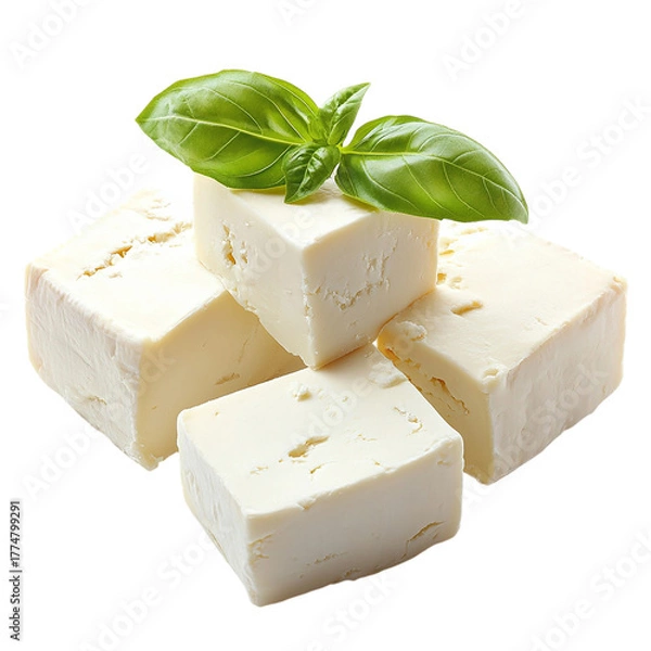 Obraz Cubes of feta, Greek cheese, Isolated transparent on white background