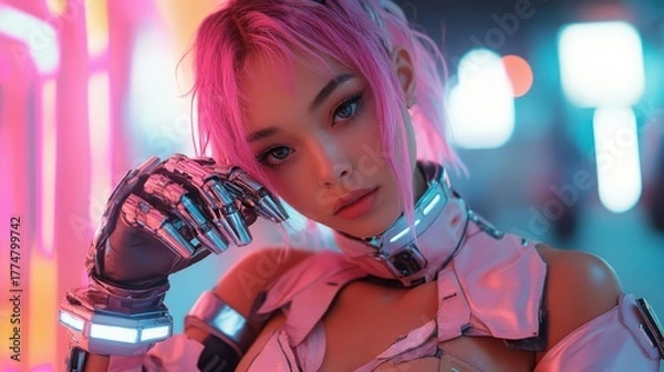Obraz Model posing in pastel cyberpunk outfit with chrome gloves