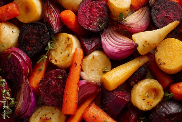 Obraz Sheet pan of roasted root vegetable medley: parsnips, carrots, beets, red onion wedges, thyme, overhead composition, saturated seasonal color