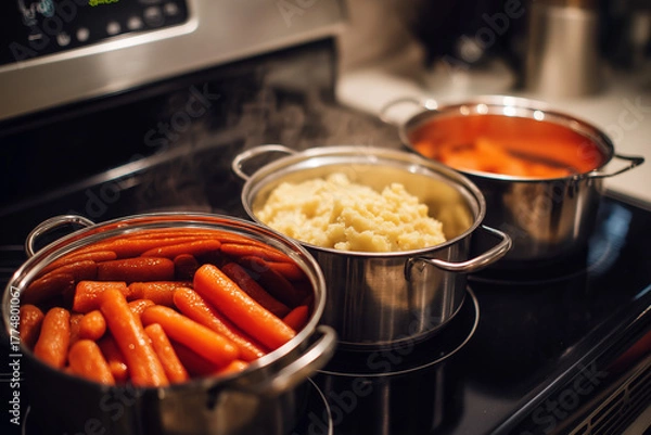 Obraz Stove top with three pots: mashed potatoes, gravy, and glazed carrots, lids slightly ajar, gentle steam, bright even light, no brand marks