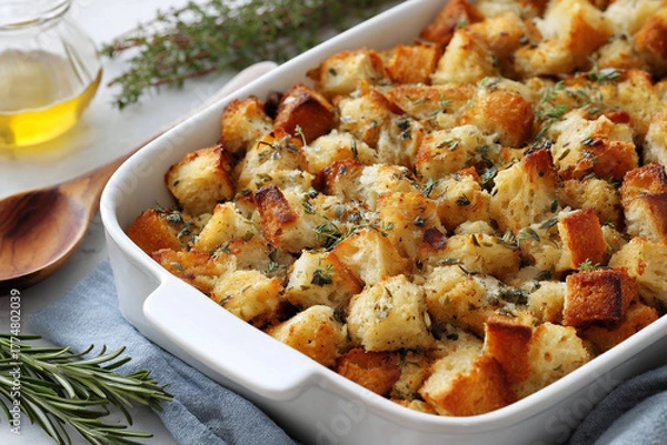Obraz Stuffing in a rectangular baking dish, crisp herb crouton texture, rosemary and thyme sprigs nearby, bright even light, no branding