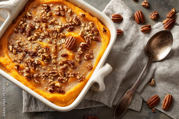 Obraz Sweet potato casserole in a baking dish with pecan topping, spoon beside, linen potholder, bright natural light, appetizing overhead composition
