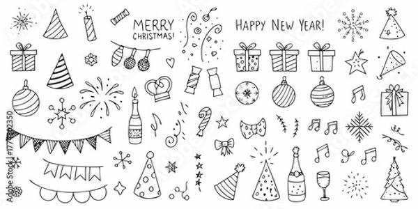 Obraz Collection of hand drawn doodle elements for christmas and new year celebrations